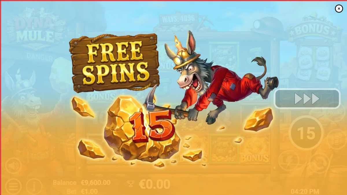 Tampilan visual slot Dyna Mule dengan tema pertambangan dan mekanik eksplosif
